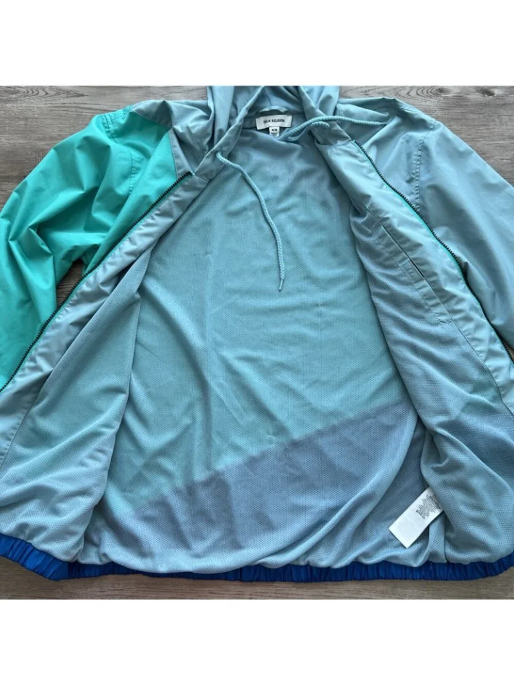 True Religion Windbreaker Jacket Mens M Teal Blue Green Full Zip Hooded